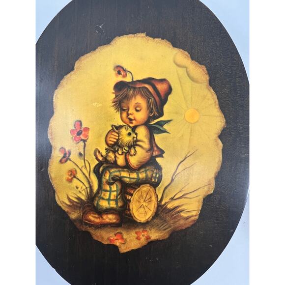 VTG. Hummel Art Boy and Girl Decoupage Plaques 2 Wood Oval Boy Cat Girl Flowers - Picture 8 of 12